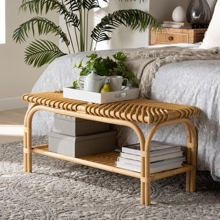 Himari Modern Bohemian Natural Brown Rattan Accent Bench