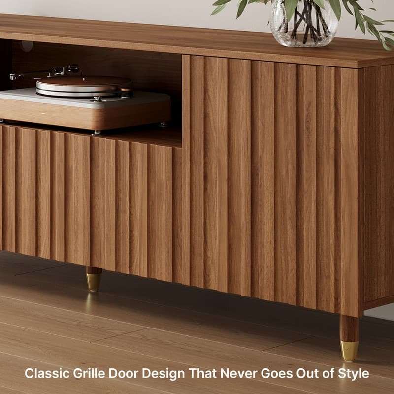 71" Mid-Century Modern Brown Wood Living Room TV Stand with Storage Cabinets & Open Shelves