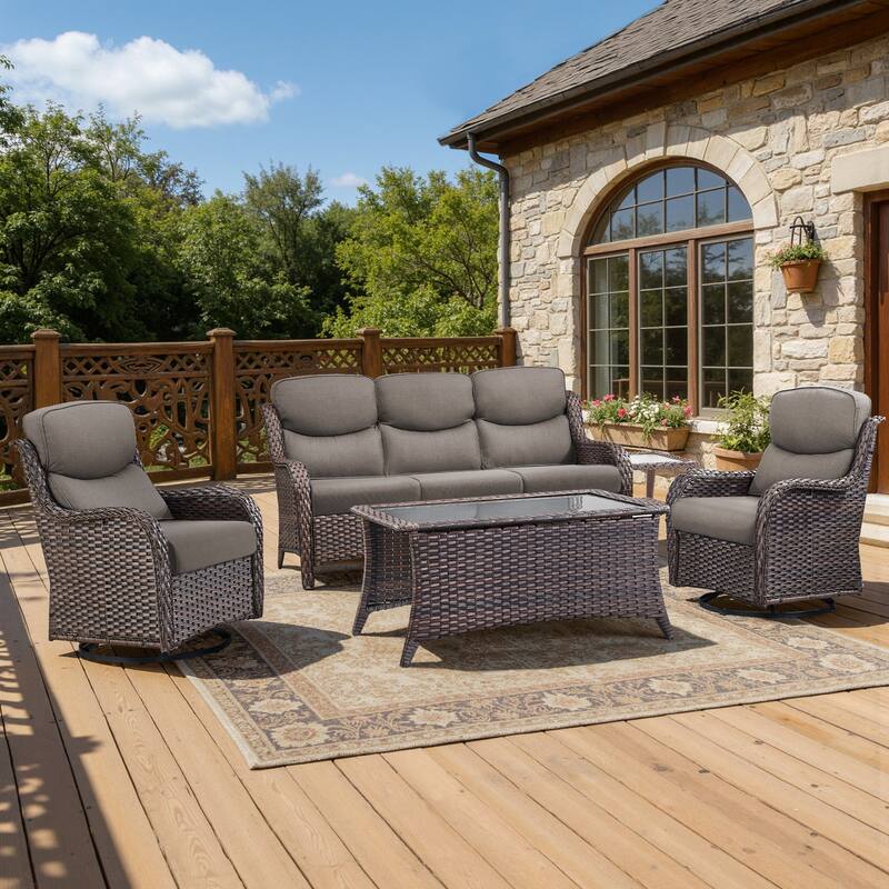 Meyreso 5-Piece Wicker Outdoor Patio Conversation Set with 5-Inch Thick Olefin Cushions - Brown Wicker - Gray Cushions