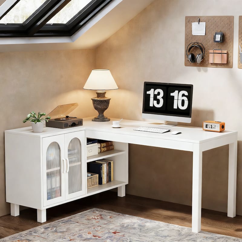 L Shaped Desk with Storage Cabinet, 59'' Corner Computer Desk Office Desk - White
