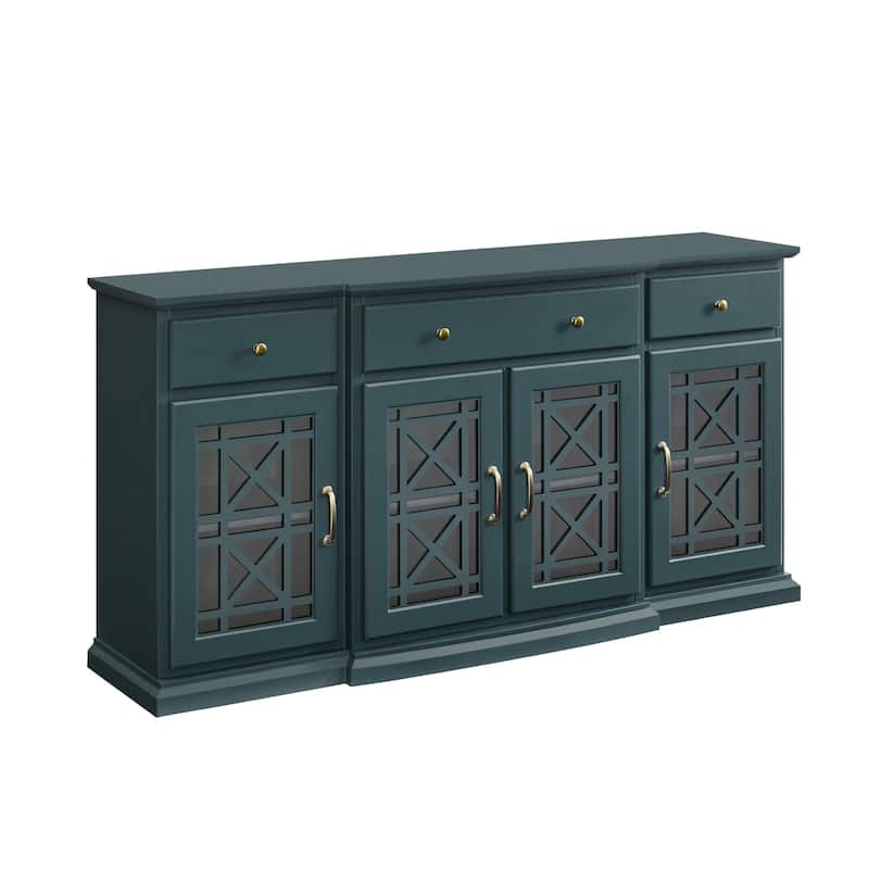 Classic Fretwork Detailed Glass-Door Sideboard for Living Room, Bedroom and Office - Blue