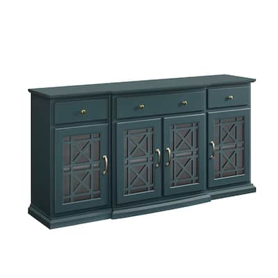 Classic Fretwork Detailed Glass-Door Sideboard for Living Room, Bedroom and Office