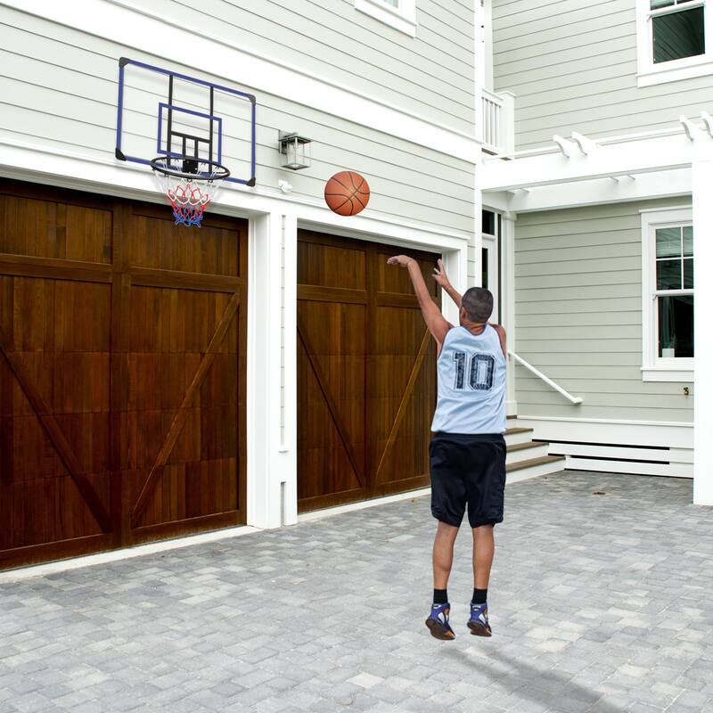 Roomfitters Wall-Mounted Basketball Hoop, 45x29 Inch Shatterproof Backboard, Folding Hoop with All-Weather Mesh, Black+Blue