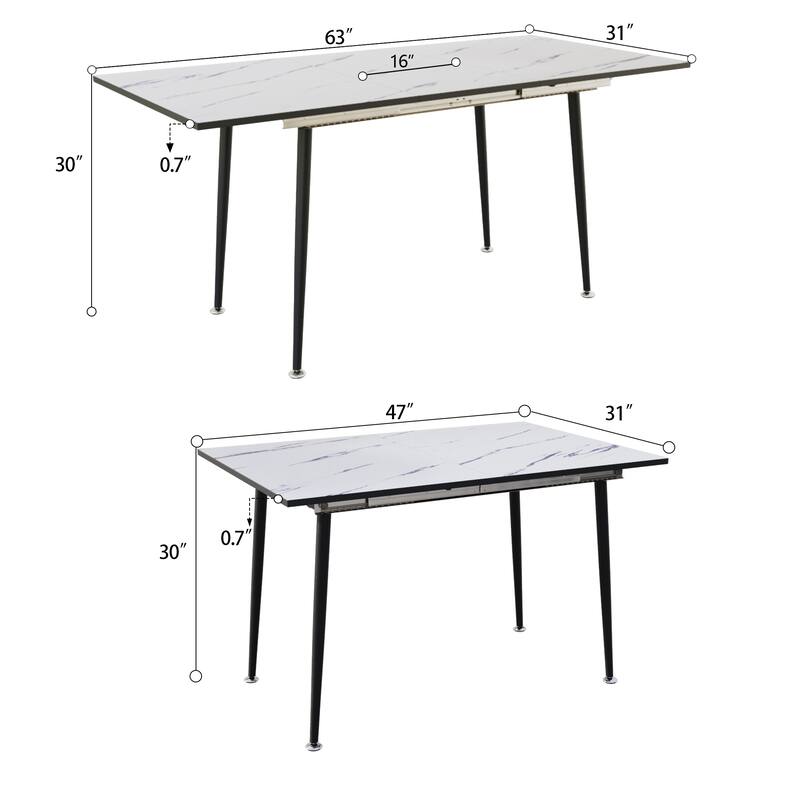 Square marble patterned dining table, modern industrial kitchen and dining table, equipped with tapered black metal legs