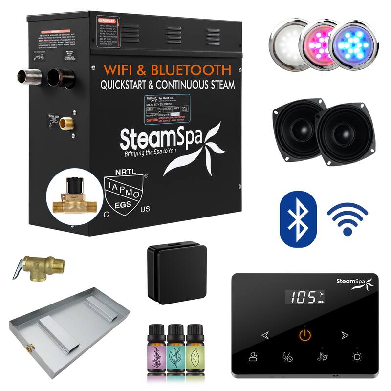 Black Series 9KW Steam Bath Generator with Fully Wireless Remote, BLUETOOTH, WIFI, and Auto Drain - 9 KW - Matte Black