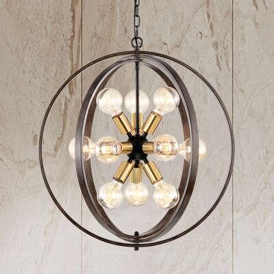Benita 12-Light Faux Wood Brushed Shiny Brass Orb Sputnik Chandelier - 23.6 inches in Diameter x 25.4 inches H