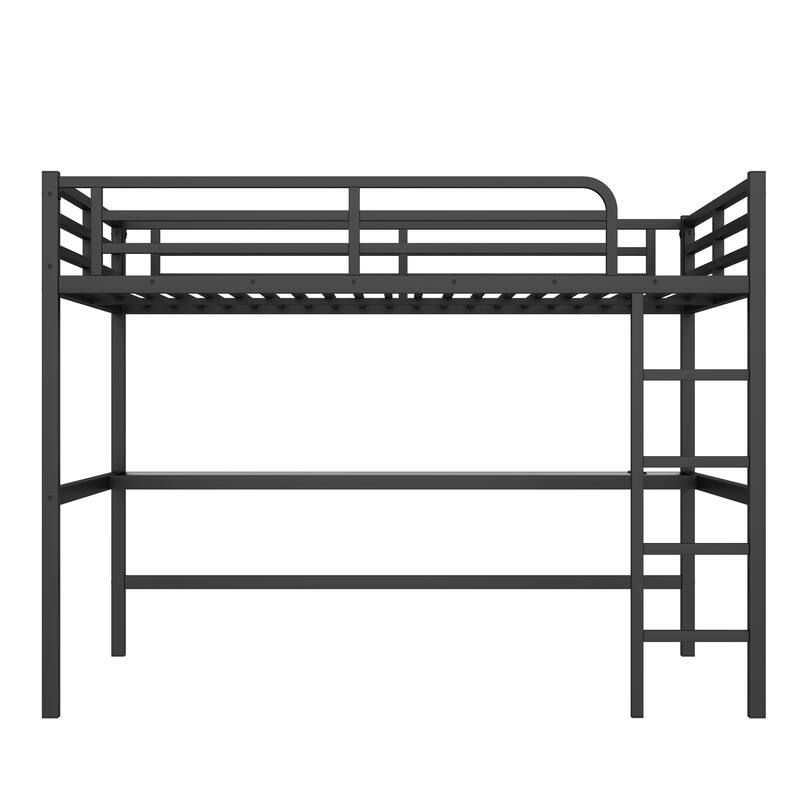 Queen Size Metal Loft Bed with Desk, USB, LED Light, Power Outlet, Space-Saving, Noise Reduced, Black
