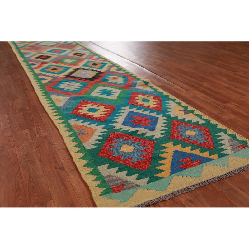 Hand Woven Oriental 100% Wool Carpet Southwestern Geometric Multi-Colored Kilim Runner Rug - 13' 0'' X 2' 10''