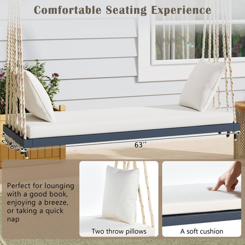 Porch Wooden Swing Chair with Hemp Ropes, Patio Hanging Swing Bench with Cushion & 2 Pillows