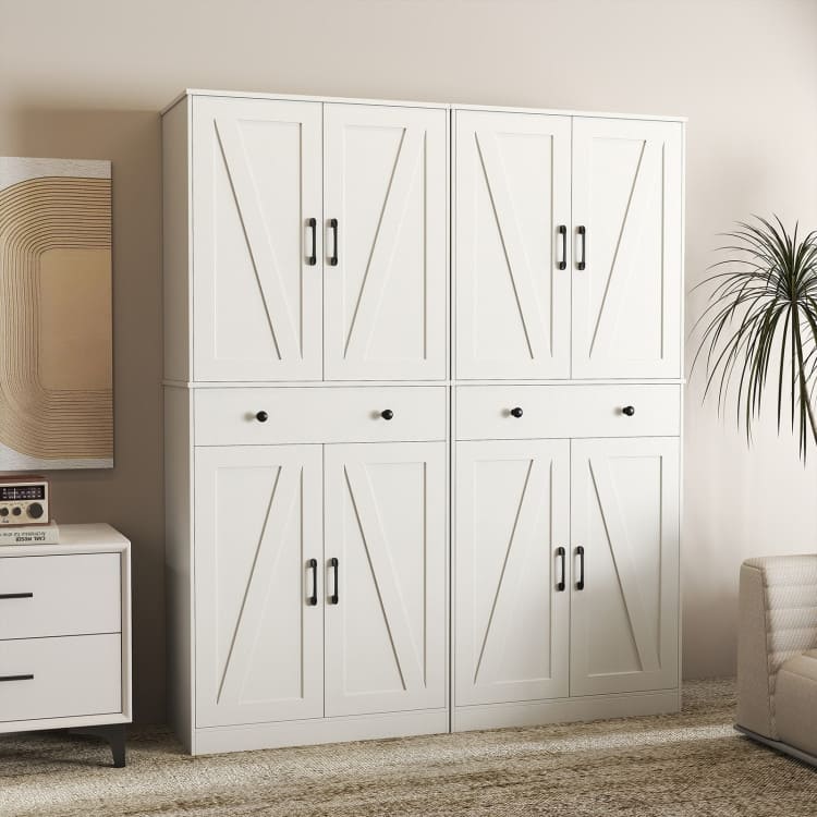 Farmhouse Pantry Cabinet with Barn Doors Tall Kitchen Storage Organizer with Adjustable Shelves