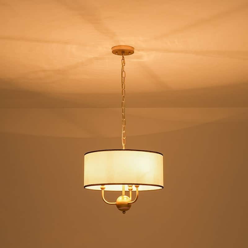 Classic 3-Light Black Edge Linen Drum Pendant - 15.7 in