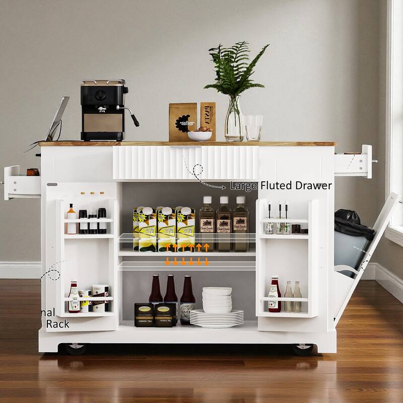 47" Fluted Kitchen Island with Trash Can Cabinet, Power Outlet, Rubber Wood Top, Rolling Storage Cart with Drawers & Side Racks