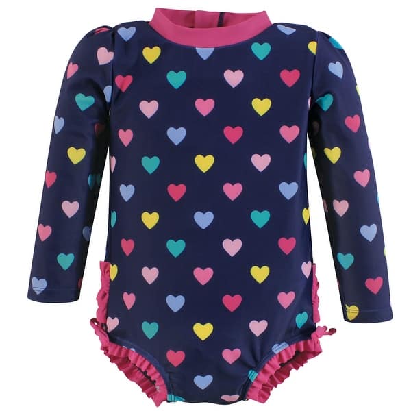 slide 1 of 1, Hudson Baby Girls Rashguard Toddler Swimsuit, Navy Hearts 2T - Navy Hearts Toddler