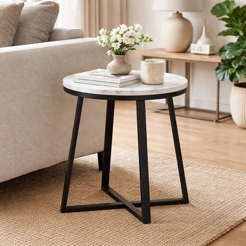 24 Inch End Table, White Faux Marble Round Top, Artisanal Metal Framework
