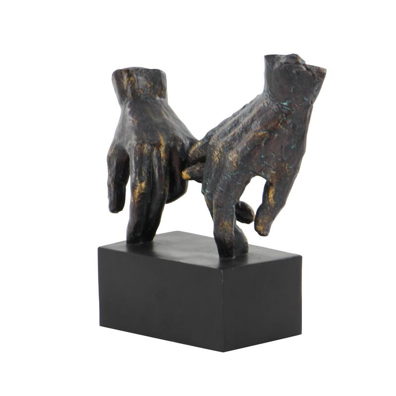 Polystone Hands Weathered Patina Linked Decorative Sculpture with Block Base and Gold Accents - Black - Roche River Decor
