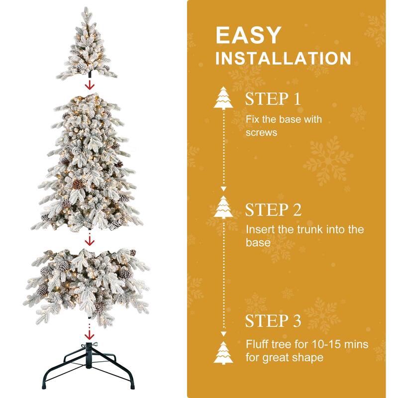8FT Flocked PE/PVC Christmas Tree with 1000 Warm White LED Lights-1634 Tips, 44 Natural Pine Cones,Snowy Effect,Hinged Branches