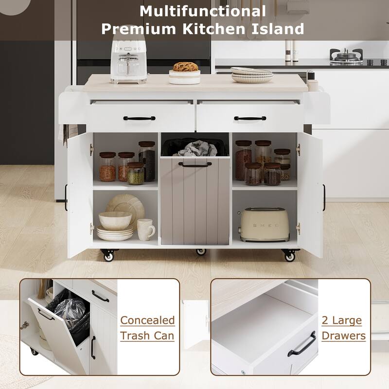 Kitchen Island with Trash Can Storage Cabinet,Kitchen Cart with Drop Leaf