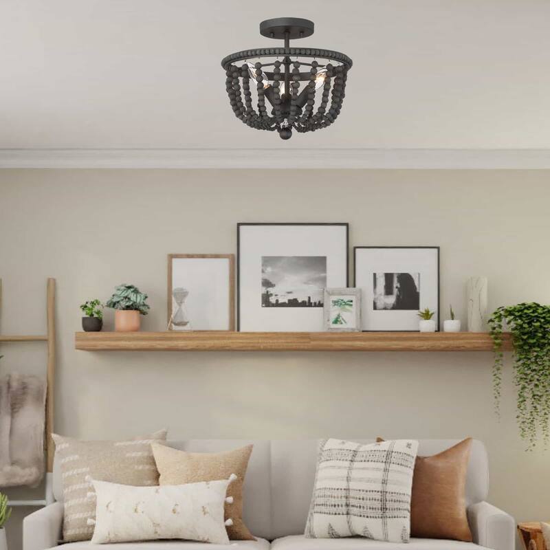 Cauhu 3-light Farmhouse Coastal Wood Beaded Semi Flush Mount Ceiling Lights -UL