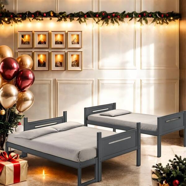 slide 2 of 9, Square Design Twin/Full Wood Bunk Bed with Ladder Grey