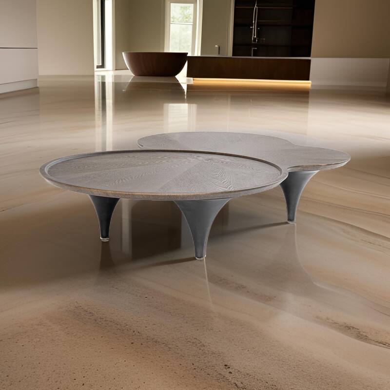 64 Inch Coffee Table, Free Form Irregular Top, Modern Dark Ash Brown