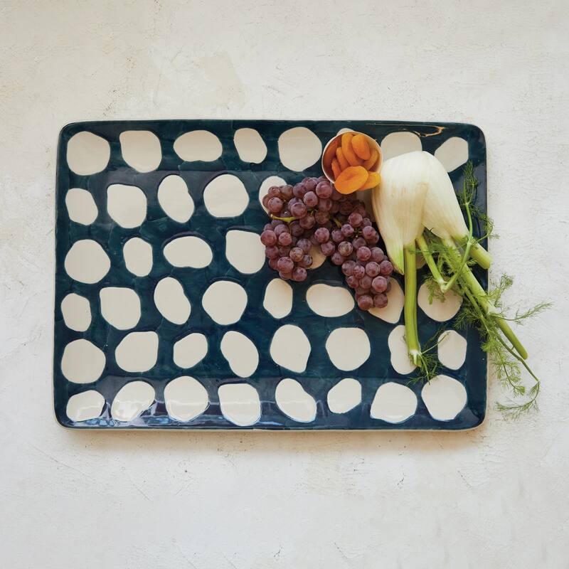Hand-Painted Stoneware Platter with Wax Relief Dots - 18.0"L x 13.0"W x 1.5"H - 18.0"L x 13.0"W x 1.5"H