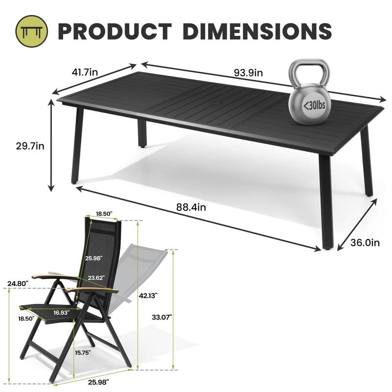 7/9-Piece Outdoor Dining Set Aluminum Patio Dining Table with Umbrella Hole and Adjustable Folding Chairs