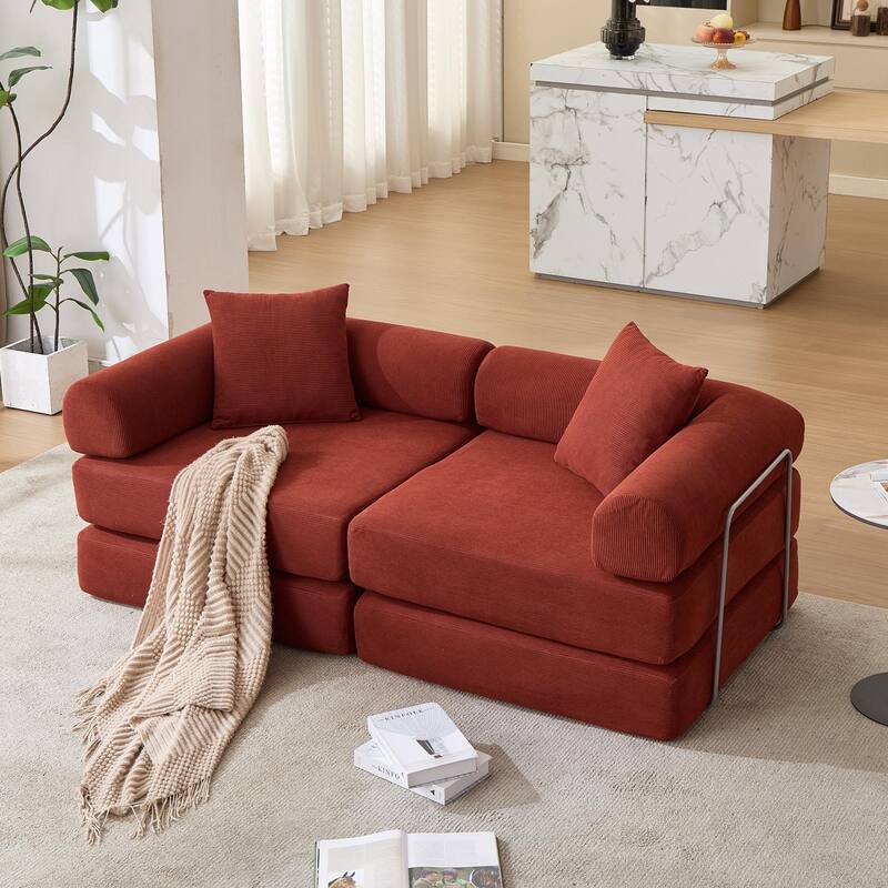 Folding Mattress Lounge Sofa with Corduroy Cushions, Convertible Sofa Bed Sleeper Sofa with Removable Armrests