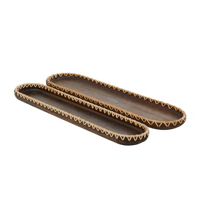 Wood Handmade Nesting Tray with Hand Sewn Seagrass Accents - Set of 2 Dark Brown - Roche River Decor - 7"W x 28"L x 2"H