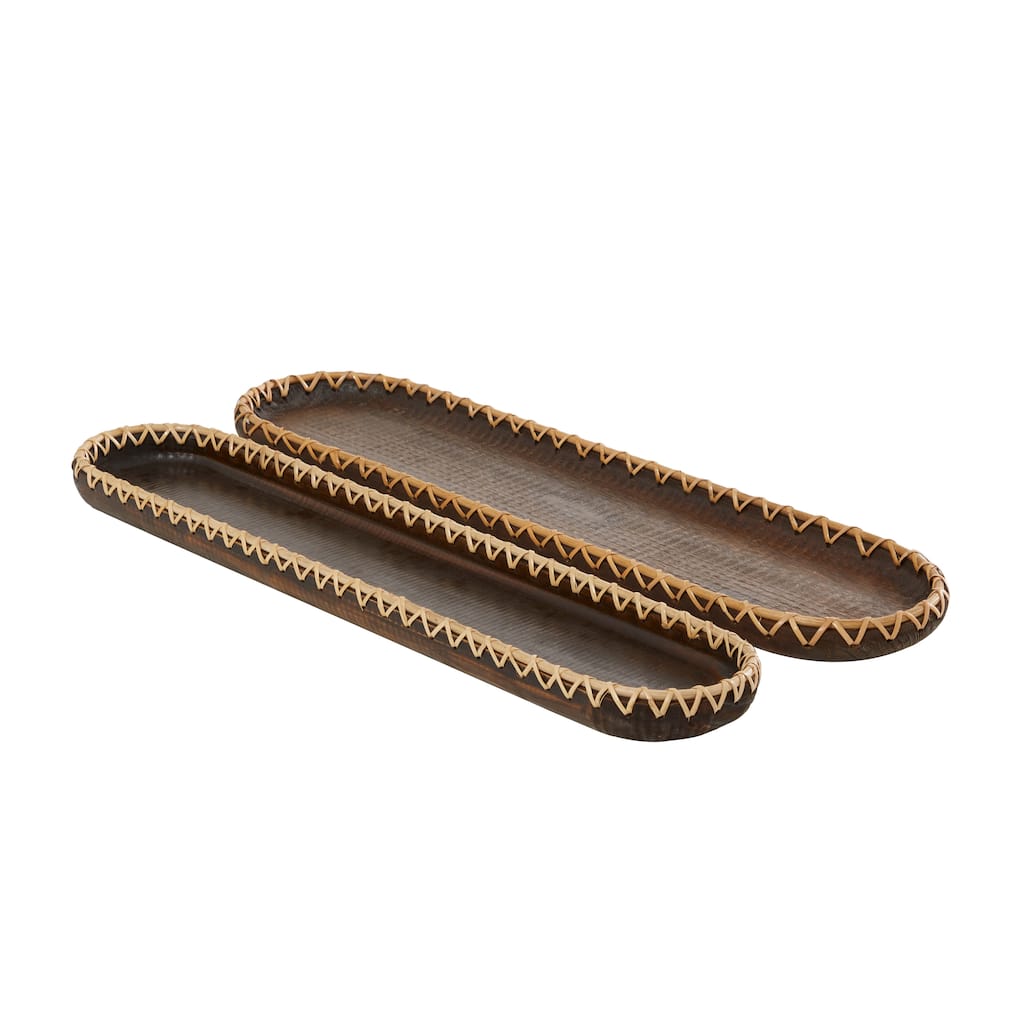 Wood Handmade Nesting Tray with Hand Sewn Seagrass Accents - Set of 2 Dark Brown - Roche River Decor - 7"W x 28"L x 2"H