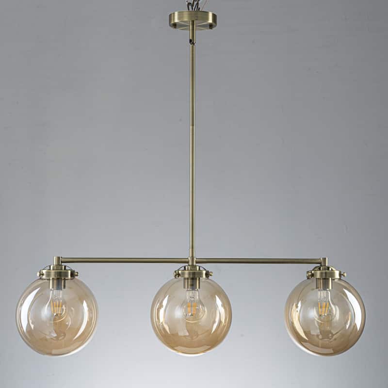 3-Light 33.46" Modern Gold & Antique Bronze Amber Glass Globe Linear Pendant - 33.46" W × 10.24" H × 7.87" D