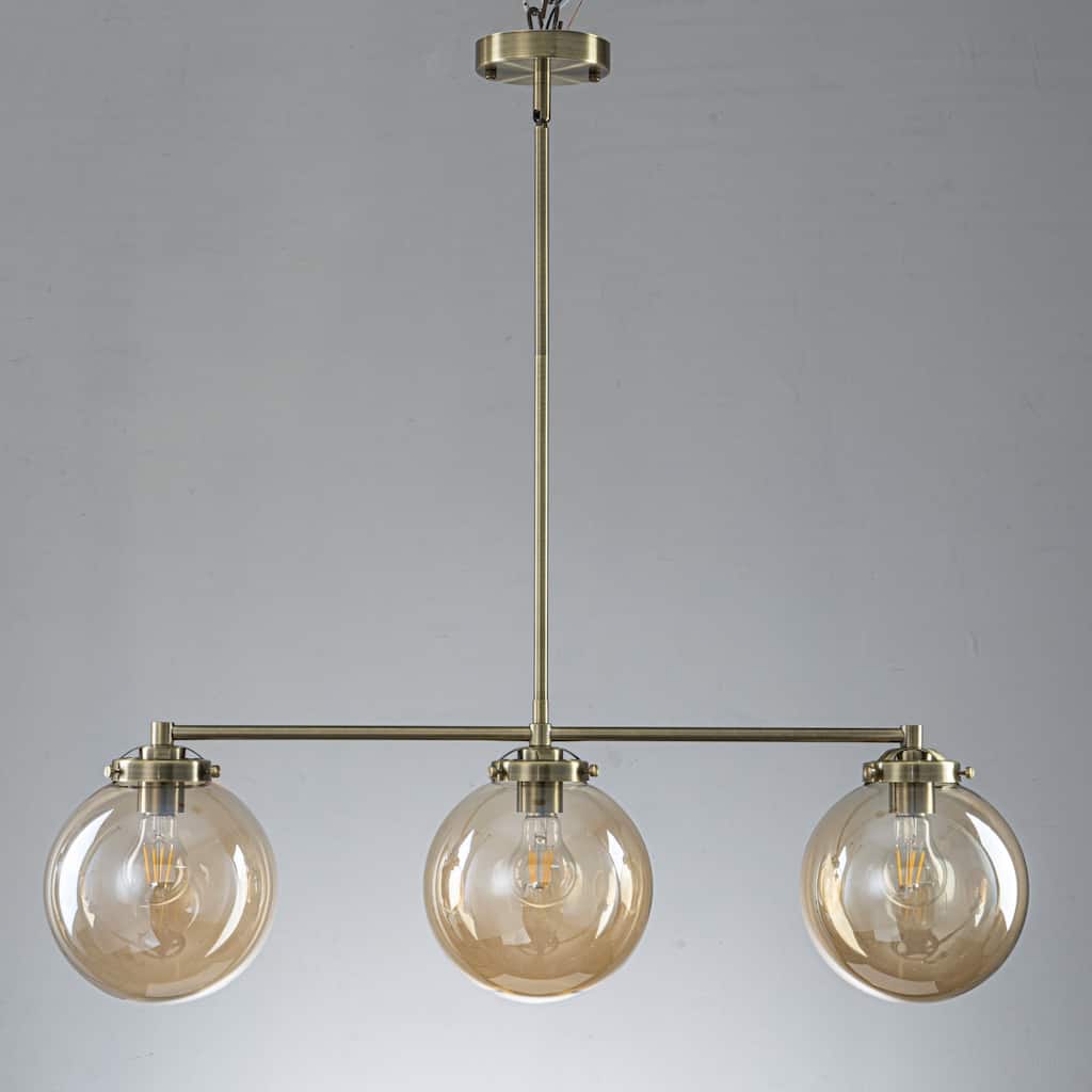 3-Light 33.46" Modern Gold & Antique Bronze Amber Glass Globe Linear Pendant - 33.46" W × 10.24" H × 7.87" D
