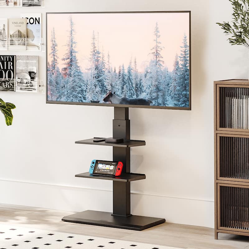 FITUEYES Modern Floor Metal Base TV Stands for 26-65 inch TVs,with Two Shelves - Black