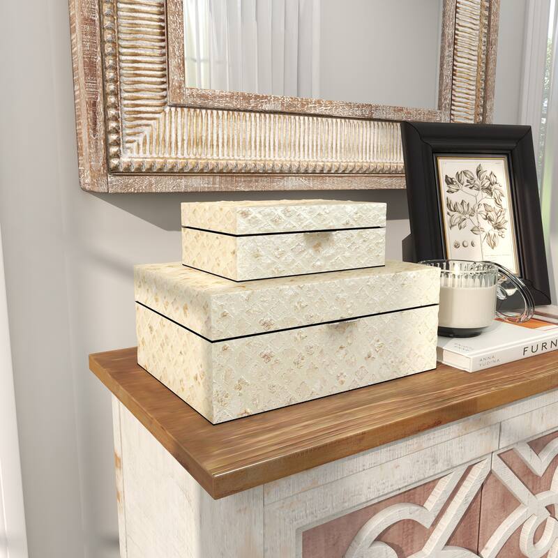 Mother of Pearl Handmade Geometric Box with Hinged Lid (Set of 2)