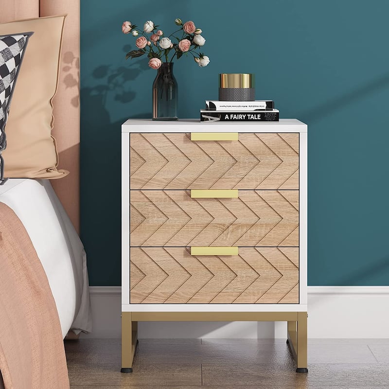 Modern 3 Drawers Nightstand, Bedside Table with Unique Zig Zag Design for Bedroom Living Room