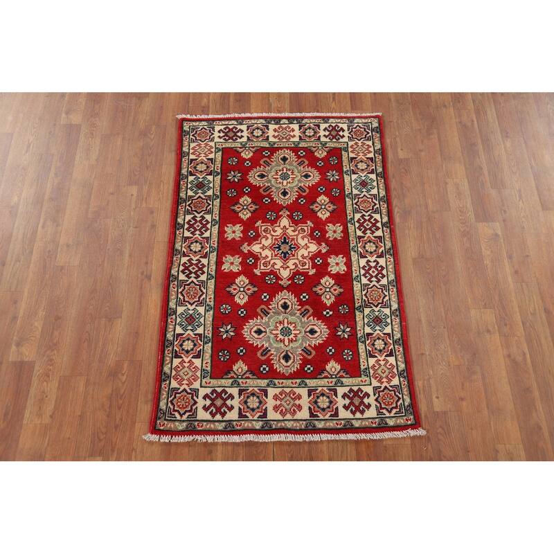 Kazak Oriental Accent Rug Hand-Knotted Red Geometric Wool Carpet - 2'8" x 4'2"