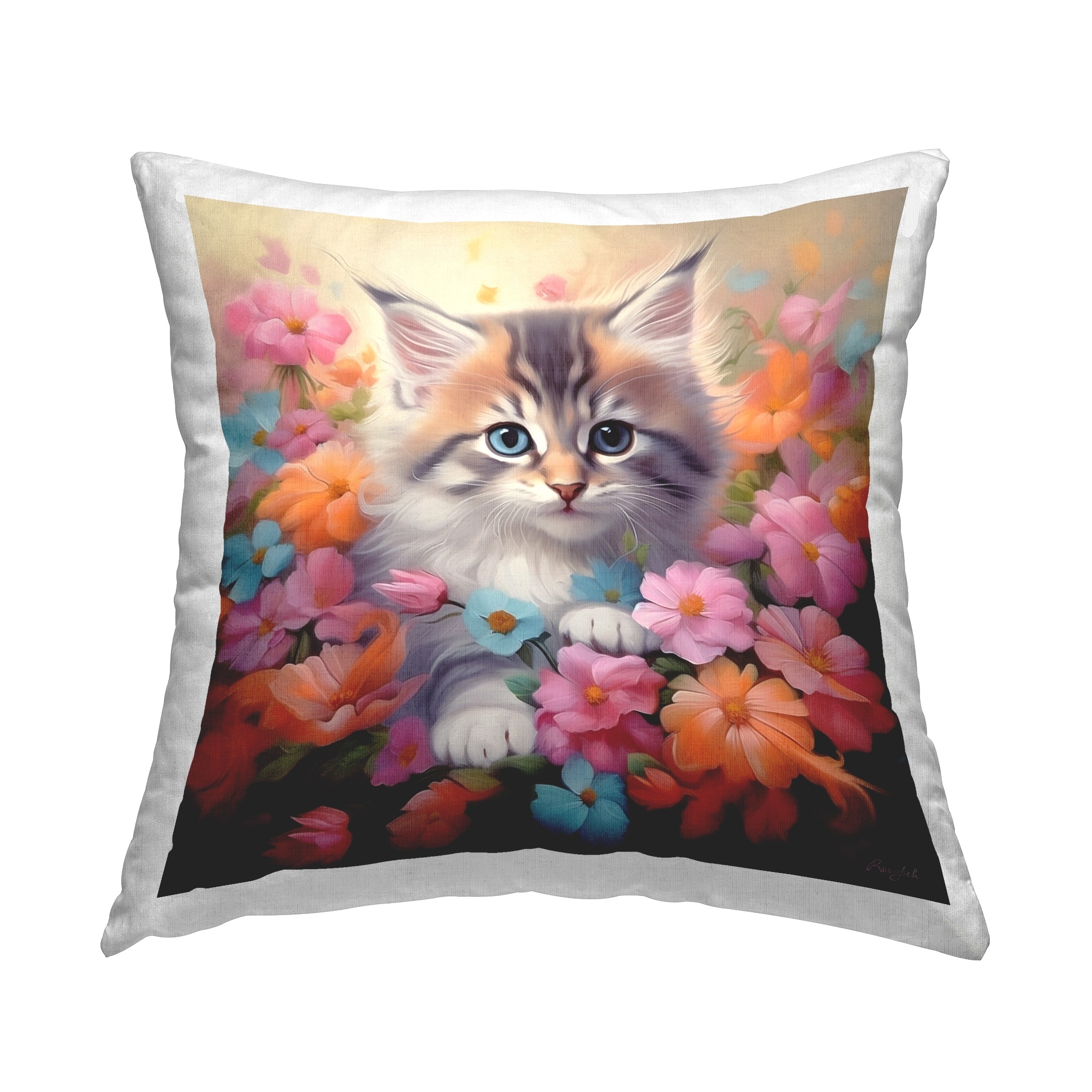 Stupell Kitten & Flower Meadow Decorative Printed Throw Pillow Design by Roozbeh