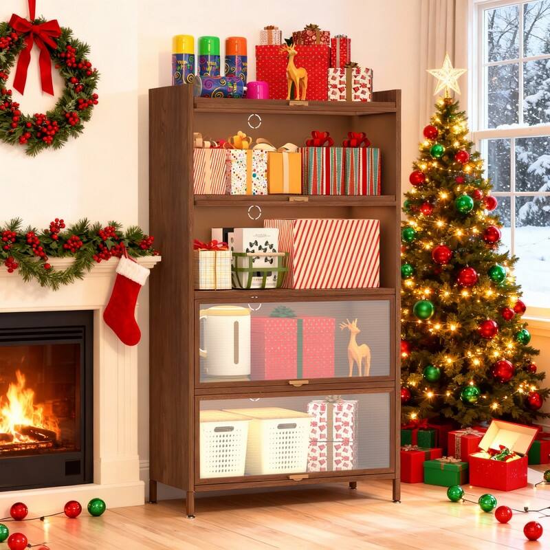 Walnut Finish 4-Door Flip Cabinet, 57" Tall Metal Storage Unit for Home & Office