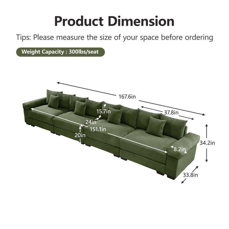 Roomfitters 130 Inch Modular Sectional Couch, Oversized Corduroy 3-Seater with Deep Seats