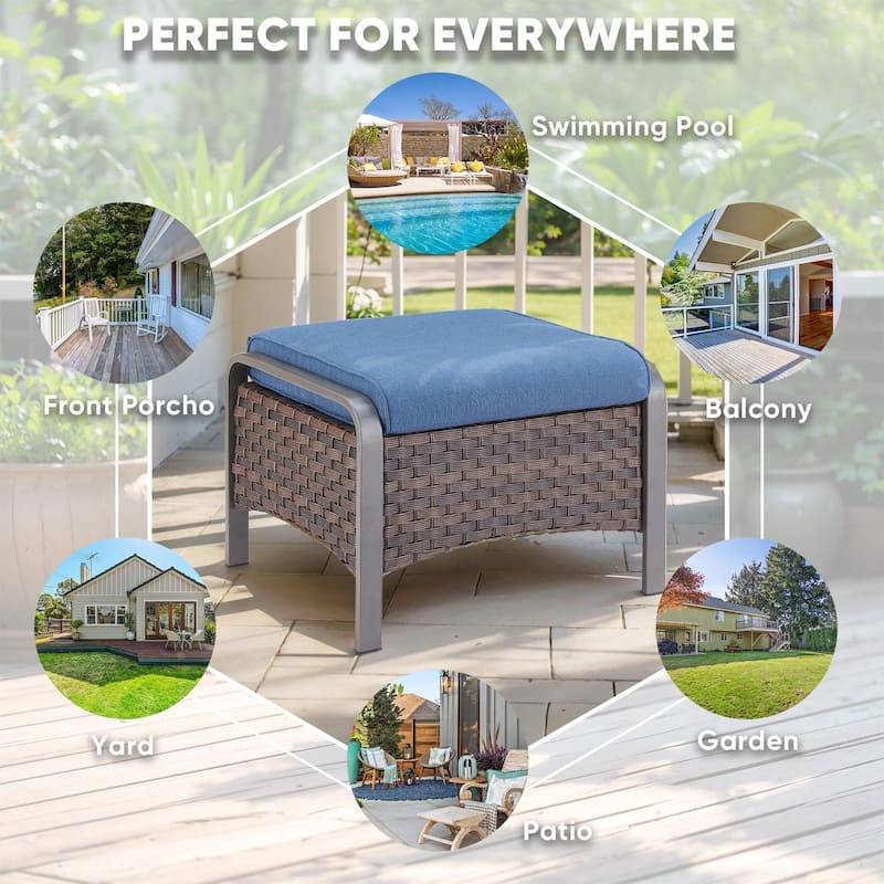 Outdoor Ottomans Rattan Footrests with Cushion Set of 2