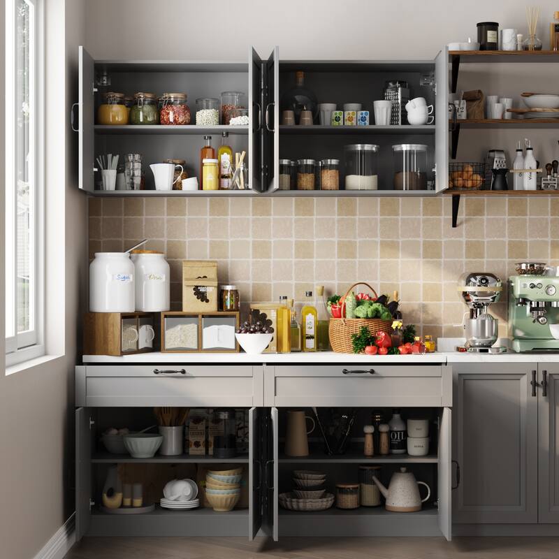 2 Piece Modular Closet Storage Set with Floor and Wall Cabinets Pantry