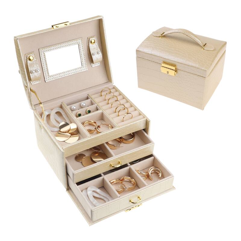 3 Layer Jewelry Box with Mirror for Women Girls Birthday Gifts, PU Leather Jewelry Organizer Storage Holder with Drawer
