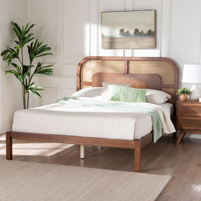 Raewyn Wood Platform Bed - Low Profile Bed Frame with Decorative Rattan Weave Inlay and Rounded Headboard, Queen