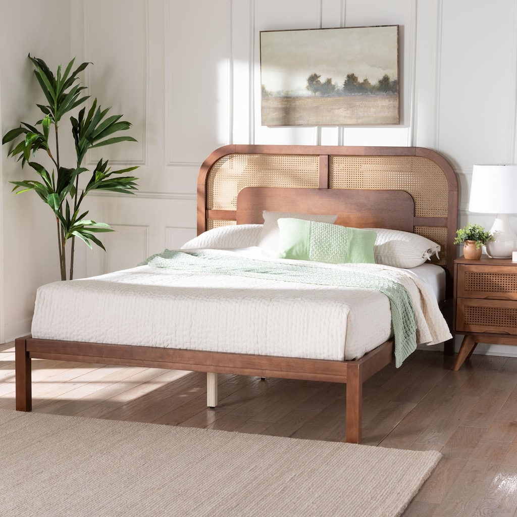 Raewyn Wood Platform Bed - Low Profile Bed Frame with Decorative Rattan Weave Inlay and Rounded Headboard, Queen