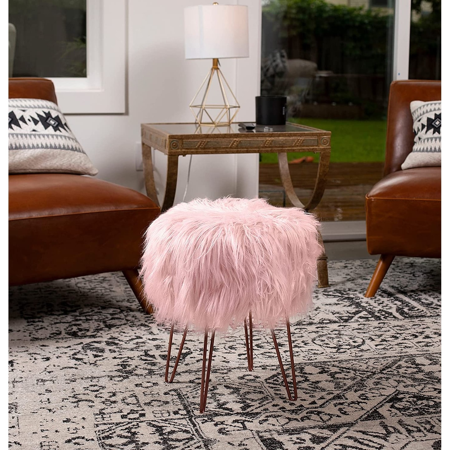 Pink fluffy stool chair on sale