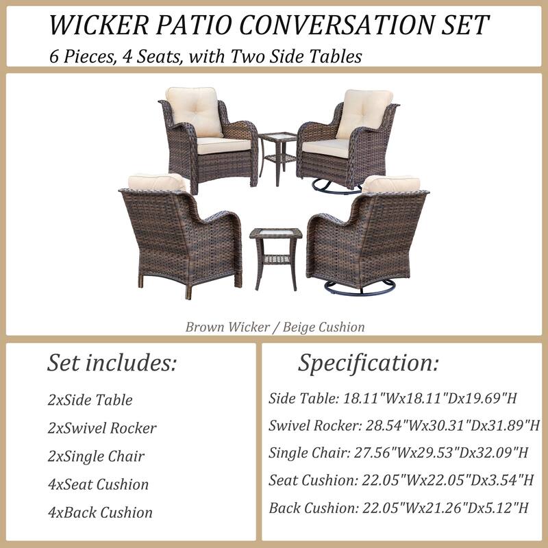 6 Piece Outdoor Rattan Wicker Patio Furniture Seating Swivel Chair Set