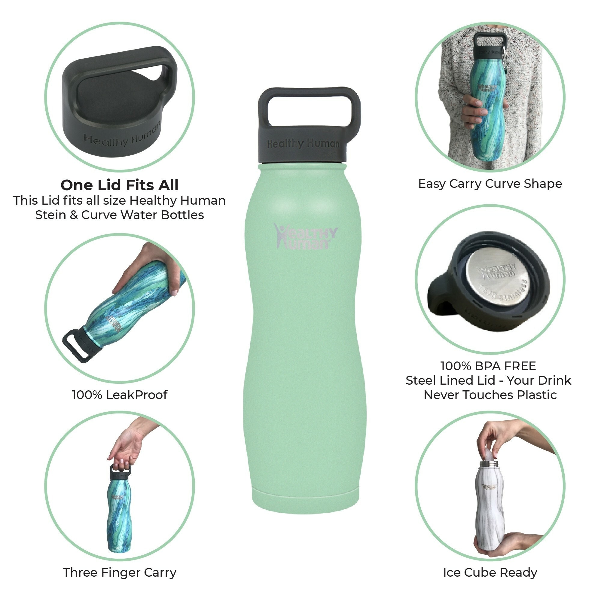 Healthy Human Curve Water Bottles - Insulated Stainless Steel Flasks Seamist