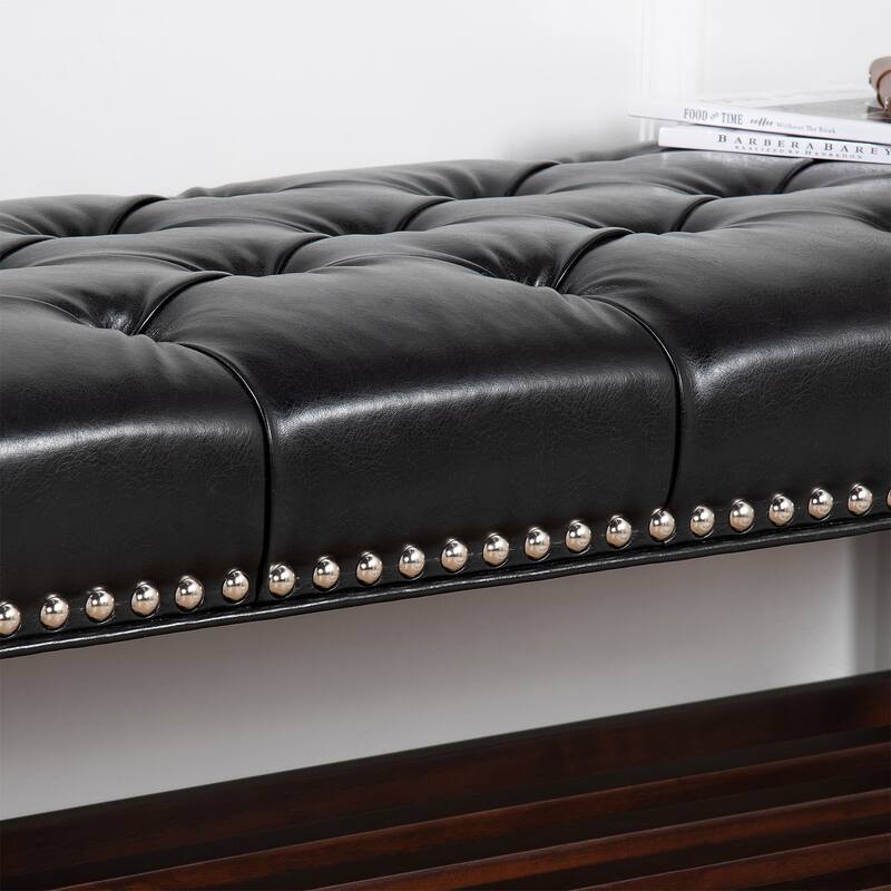 Wooden Base Upholstered Bench for Bedroom for Entryway,60" with Nailhead Trim and Shelf