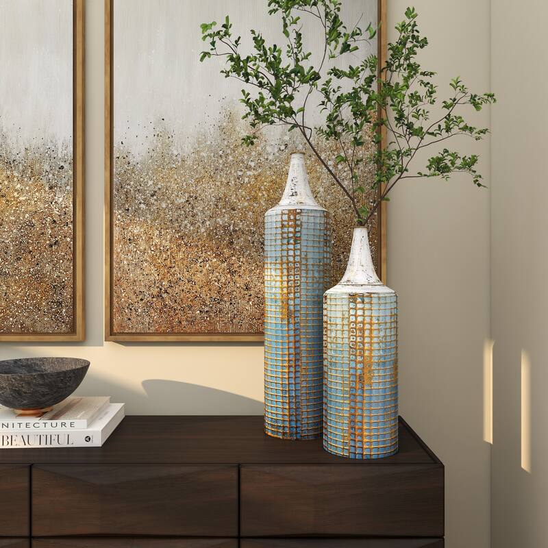 Blue Metal Distressed Tall Geometric Decorative Vase with Grid Pattern and Gold Accents (Set of 2)
