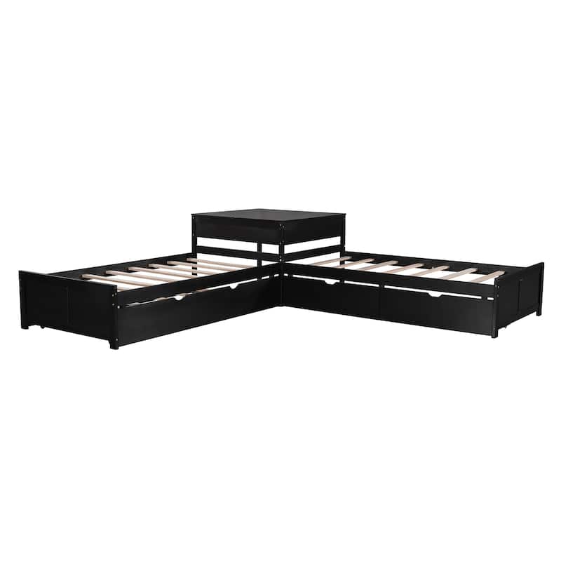Modern Twin Size L-shaped Bed with Trundle and Drawers