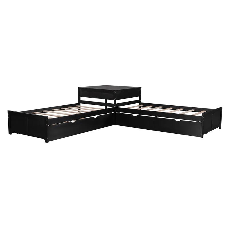 Twin Size Platform Bed with Built-in Desk and Drawers Linked, L-Shaped Trundle, Wooden Support Bed Frame No Box Spring Needed